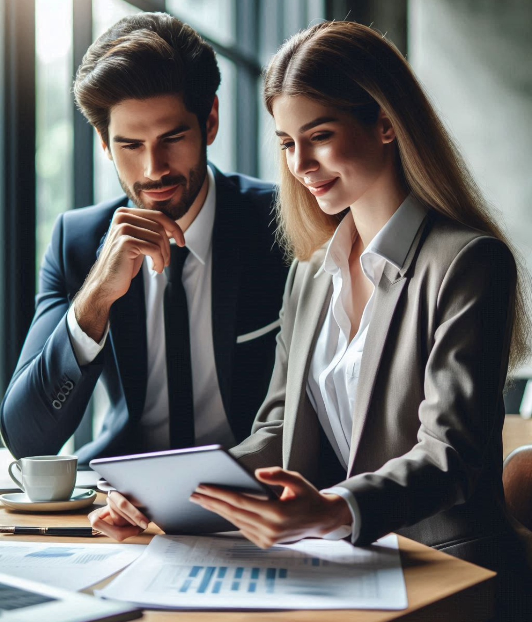 male female business people working tablet office